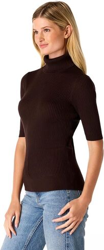 Cable & Gauge Women's Short Sleeve Mock Neck Sweater - Soft Knit Fabric, Ribbed Texture, Elbow-Length Sleeves, Casual Top in Saudi Arabia