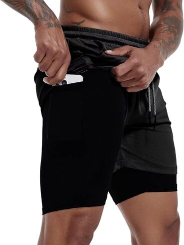 شورت GYMELITE للرجال 2 في 1 للتمرين والجري مقاس 7 بوصة، شورت رياضي نشط لليوجا والجيم خفيف الوزن للتدريب مع جيوب للهاتف in Kuwait