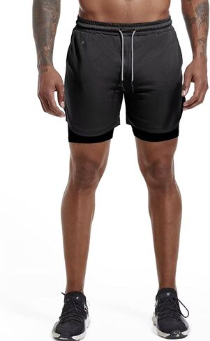 شورت GYMELITE للرجال 2 في 1 للتمرين والجري مقاس 7 بوصة، شورت رياضي نشط لليوجا والجيم خفيف الوزن للتدريب مع جيوب للهاتف in Kuwait