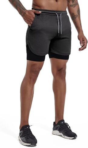 شورت GYMELITE للرجال 2 في 1 للتمرين والجري مقاس 7 بوصة، شورت رياضي نشط لليوجا والجيم خفيف الوزن للتدريب مع جيوب للهاتف in Kuwait