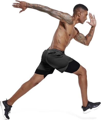 شورت GYMELITE للرجال 2 في 1 للتمرين والجري مقاس 7 بوصة، شورت رياضي نشط لليوجا والجيم خفيف الوزن للتدريب مع جيوب للهاتف in Kuwait