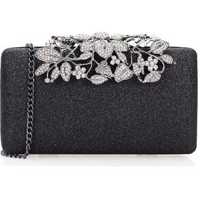 Dexmay Glitter Clutch Bag with Crystal Floral Clasp Women Evening Handbag Formal Party Purse Black