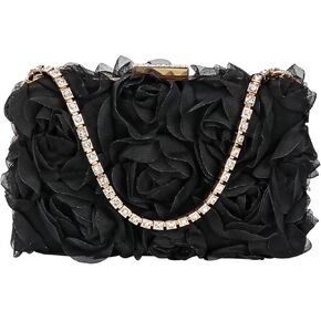 Womens 3D Rose Floral Clutch with Rhinestone Chain, Evening Handbag Purse Shoulder Crossbody Bag for Wedding Party Prom