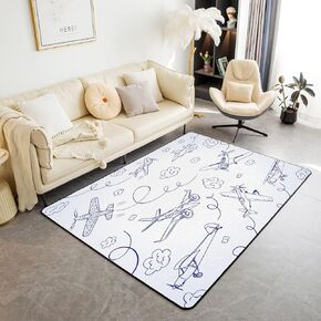Kids Airplane Area Rug 5x7 Inch Flight Living Room Rugs for Boys Girls Teens Decor Cloud Travel Indoor Floor Mat Aircraft Blue and White Accent Rug