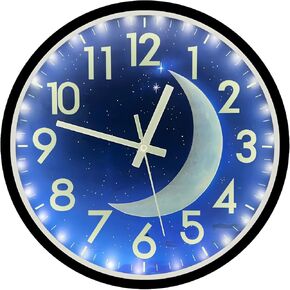 JoFomp LED Light Up Wall Clock Glow in Dark, 12 Inch Silent Wall Clock Battery Operated, Blue Moon Night Light Wall Clocks for Living Room Decor, Sound Control Glow in The Dark Wall Clock for Bedroom