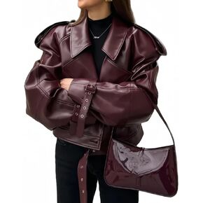 NIFTRIRY Womens Jacket Leather Jacket Fall Fashion Oversized Faux Motorcycle Jacket with Belt Fall Outfits 2024