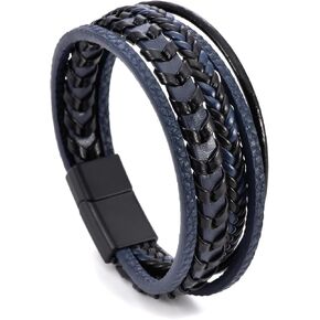 Mens Leather Bracelet Multi-Layer Braided Bracelet Wristband Father's Day Birthday Jewelry Gifts 8.5" Classic Bracelet with Stainless Steel Buckle