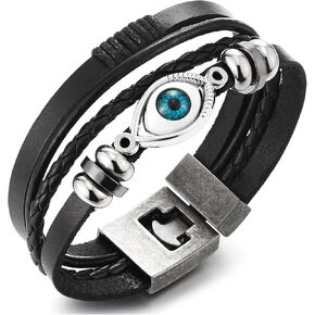 COOLSTEELANDBEYOND Mens Black Leather Blue Protective Evil Eye Bead Charms Bracelet Multi-layer Wrap Bracelet Wristband