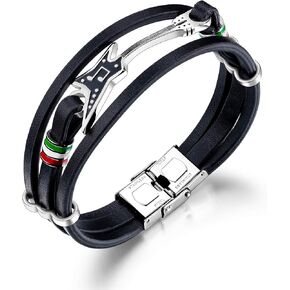 Eymi Mens Leather Cuff Bracelet Handmade Black Multilayer Cowhide Woven Rope Electric Guitar Bangle, 8.3inch Adjustable
