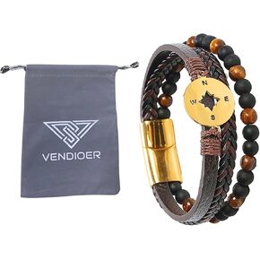 Mens Braided Beads PU & Genuine Leather Bracelet, Vergan Leather Gold & Silver Stainless Steel Bracelet, Clasp Stone & Compass Designed Black Blue Brown Faux Leather Bracelets