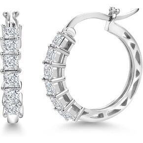 Gem Stone King 1.56 Cttw 18K Gold Plated White Moissanite Huggie Hoop Earrings | Princess Cut 3MM | Diameter 20MM | Gold Earrings for Women