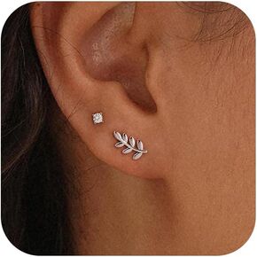 3 Pairs 14k CZ Gold Huggie Hoop Cartilage Earrings Set: Dainty CZ Stud Trendy Dangle Pearl Hoop Earrings Hypoallergenic Leaf Piercing Climber Huggie Earring for Women Gold Jewelry for Everyday