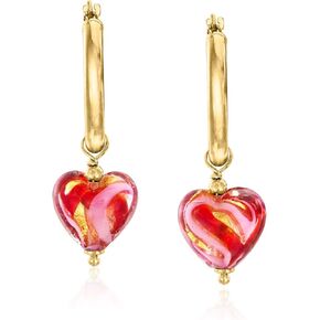 Ross-Simons Italian Pink and Red Murano Glass Heart Hoop Drop Earrings in 18kt Gold Over Sterling