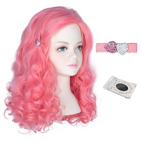 شعر مستعار Miss U Hair Girls للأطفال طويل مجعد وردي مع مشابك شعر للكبار بجزء جانبي وردي للحفلات التنكرية