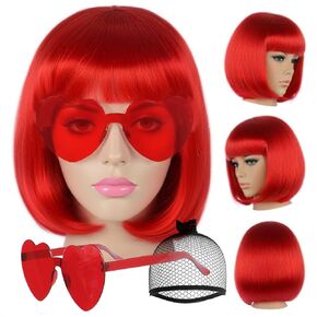 JoneTing Purple Bob Wig【+Sunglasses+Wig Cap】 Short Straight purple Wig with Flat Bangs Purple Bob Wigs Short Straight Purple Bob Wig Short Purple Bob Wigs Cosplay Halloween Theme Party Costume Outfit