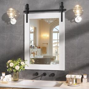 Hasipu Farmhouse Bathroom Mirror, 31"x31" Rustic Wood Framed Wall Mounted Mirror, White Vintage Vanity Mirror Barn Door Style Decrative Mirrors