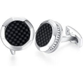 HONEY BEAR Round Mens Cufflinks Stainless Steel for Business Wedding Gift Black