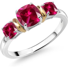 Gem Stone King 925 Sterling Silver and 10K Yellow Gold Red Created Ruby and Diamond 3-Stone Ring For Women (1.75 Cttw, Cushion 6MM and 4MM, Available In Size 5, 6, 7, 8, 9)
