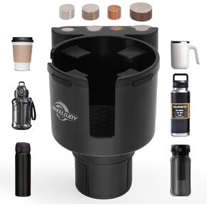 Cup and Coin Holder 2-in-1 for Vehicles, Holds Large Mugs/2.6"-4.2" Dia Bottles(14-46oz), Cup Holder Expander/4-Slot Coin Sorting, with Expandable Base for Secured Vehicle Fit