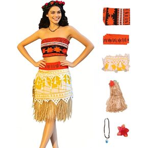 Womens Island Princess Costume Dress Hawaiian Adventure Dress with Necklace Halloween Party Outfits Full Set