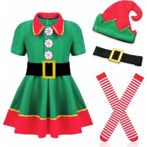 Woman Christmas Elf Costume Set,Elf Outfit for Girls Kids Christmas Gift Holiday Dress Up Clothes with Hat Socks Belts