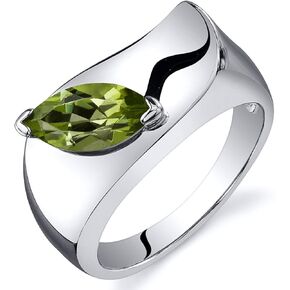 PEORA Peridot Museum Solitaire Ring for Women 925 Sterling Silver, Genuine Gemstone Birthstone, 1 Carat Marquise Shape 10x5mm, Size 5, August Birthstone Rings for Women, Natural Peridot Jewelry