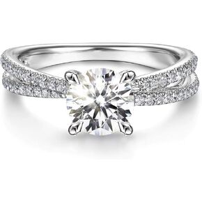 Split Shank Moissanite Rings for Women, 1.5ct D Color VVS1 Clarity Lab Created Diamond Ring 14K White Gold Plated Solid S925 Sterling Silver Hidden Halo Split Twisted Shank Engagement Rings