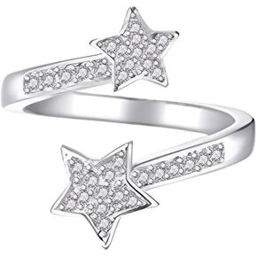 Dainty Star Wrap Open Engagement Ring For Women Sparkly Cubic Zirconia Fashion Adjustable Finger Knuckle Statement Rings CZ Expandable Silver Lucky Stars Stacking Middle Band Wedding Promise Party Jewelry Gifts