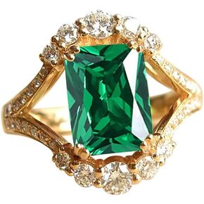 18K Gold Plated Emerald-Cut Statement Rings for Women,Green Simulated Emerald Round White Cubic Zirconia Engagement Promise Ring Size 6-10