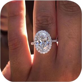 Sparkle 925 Sterling Silver Plated Halo Oval Cut Diamond Engagement Ring for Women Cubic Zirconia Wedding Ring Simulated Diamond Fashion Party Accessories Promise Ring Size 9
