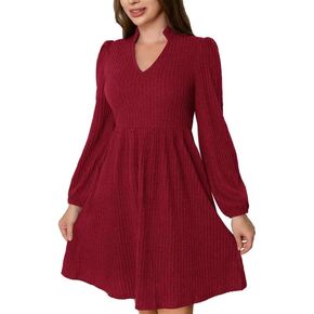 Womens Sweater Dresses 2024 Cute Balloon Long Sleeve V Neck Casual A-Line Swing Mini Knit Babydoll Dress with Pockets Red XL