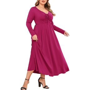 ZOMVA 2024 Fall Women’s Plus Size Maxi Dress V Neck Long Sleeve Swing A Line Casual Dresses