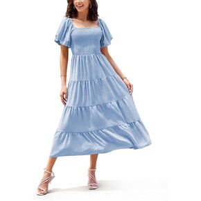 ANN CREEK Women's Midi Dress Summer Square Neck Short Puff Sleeve Solid Color High Waist Casual Smocked Flowy A Line Tiered