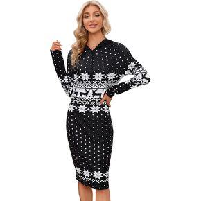MISSKY Women's Christmas Casual Long Sleeve Slim Knee Lenth Pullover Hoodie Dress