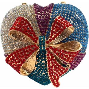 Elegant Heart Rhinestone Evening Bag Heart-Shaped Bow Gift Box Crystal Purse for Women Prom Wedding Clutch