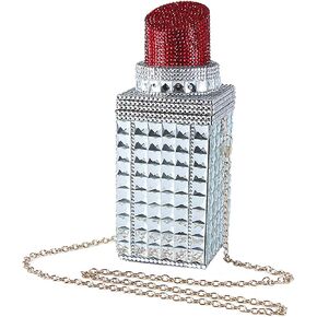 Women Rhinestone Sliver Lipstick Shape Evening Bag Clutch Inlaid Crystal Glitter Clutch Sparkly Handbag for Wedding