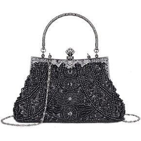 Fashion Vintage Style Handbag Beaded Sequined Evening Bag Wedding Party Handbag Rhinestone Clutch Purse (Black)