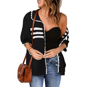 Dokotoo Womens Summer Cardigans Short Sleeve Crochet Cardigan Sweaters Collar Neck Color Block Vacation Outfits