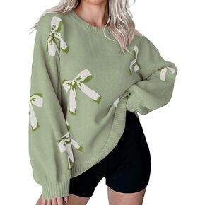 Womens Oversized Cute Bow Tie Sweater Fall 2024 Cozy Chunky Ribbed Knit Crewneck Long Sleeve Pullover Tops