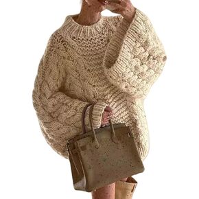 NRTHYE Women's Oversized Cable Knit Sweater Tops Loose Long Sleeves Crewneck Chunky Slouchy Baggy Pullover Sweaters