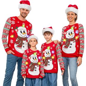 Light up Ugly Family Christmas Sweater Funny Xmas Holiday Pullover with Christmas Hat
