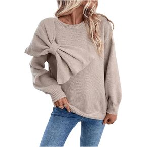MakeMeChic Women's Bow Sweater Cute Y2K Long Sleeve Crew Neck Knitted Lightweight Fall Sweaters