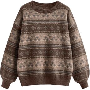 MakeMeChic Women's Vintage Sweater Geo Pattern Striped Crew Neck Long Sleeve Drop Shoulder Knit Pullovers