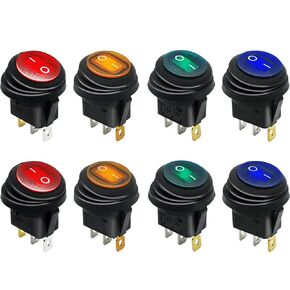 mxuteuk 8pcs 12V Waterproof Round Rocker Switch Blue Green Yellow Red LED Lighted SPST 3 pins On-Off Toggle 20A for Car Auto Boat RV Truck KCD1-8-101NW-4C