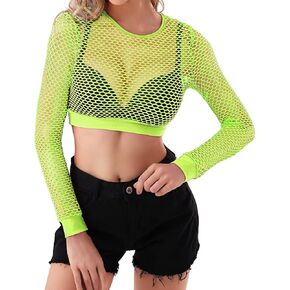 WILDPARTY Fishnet Top Women Long Sleeve Crop Top Fishnet Shirt Casual Sexy See Through Mesh Top
