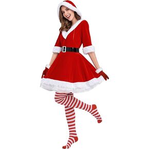 Mrs. Claus Dress Set for Women Velvet Hooded Christmas Santa Dress with Gloves High Socks Nightwear Mother Family Outfits
