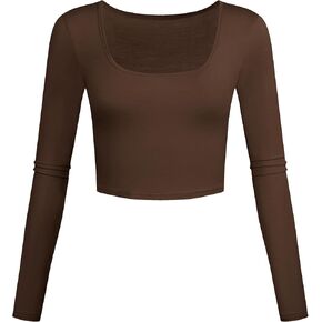 Lightweight Square Neck Crop Tops Long Sleeve Slim Fit Basic Workout Shirts for Women