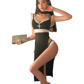Unibaby Nun Cosplay Costume for Women Sexy Nun Lingerie Fancy Dress Halloween Party Adult Costume with Nun Hat (Black)