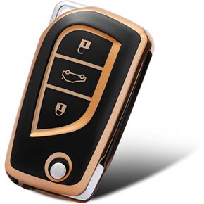 Compatible with Toyota Key Fob Cover with Gold Pattern Soft TPU 360 Degree Protection Key Case for Fortuner Tundra Camry RAV4 Highlander Corolla Smart Key (White)