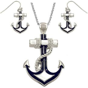 DianaL Boutique Silvertone Nautical Anchor Pendant Necklace and Earring Set 24" Chain